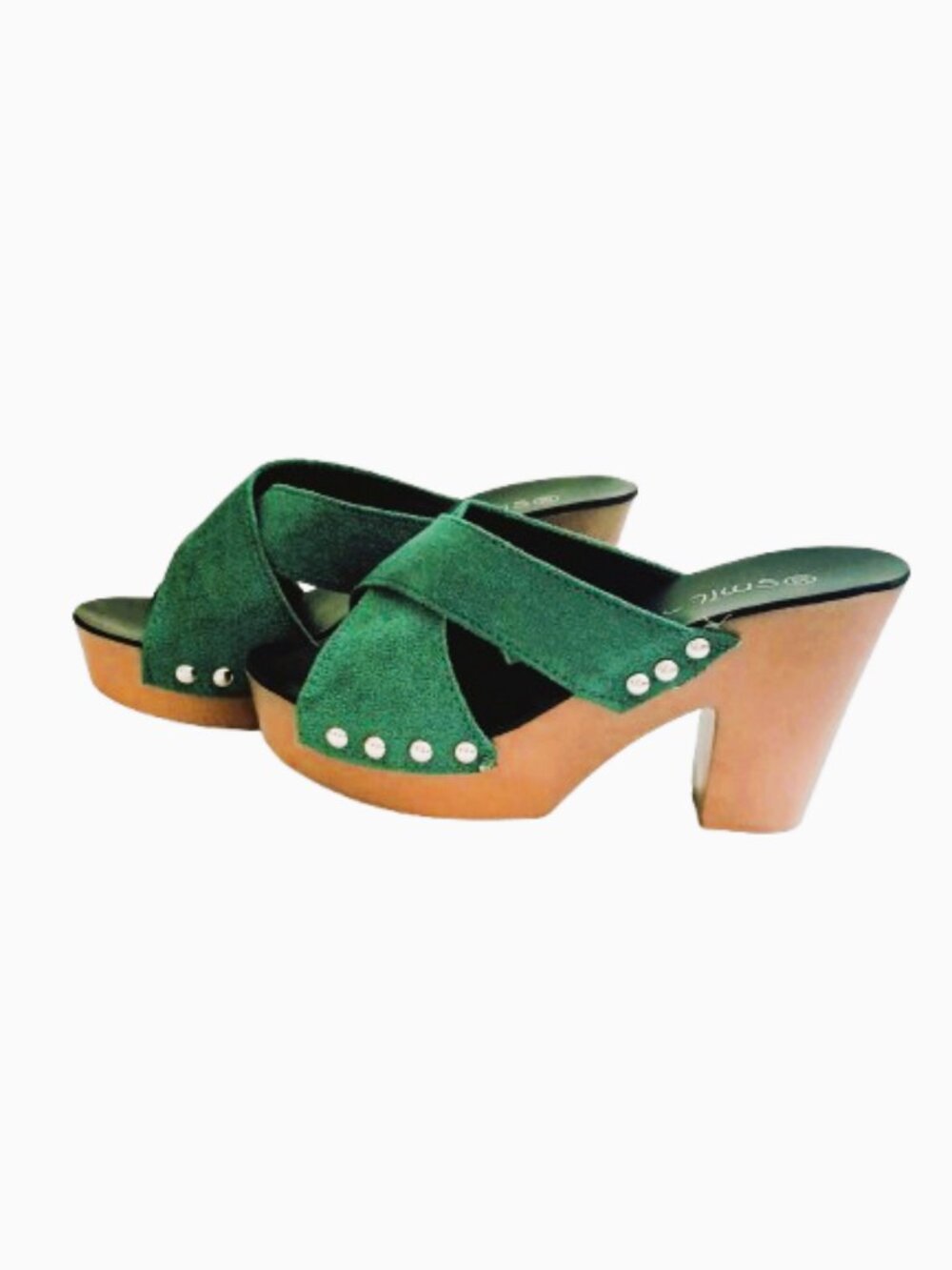 Women's Crossover Block Heeled Sandal 38 Women's Green Slip On Studded Mules